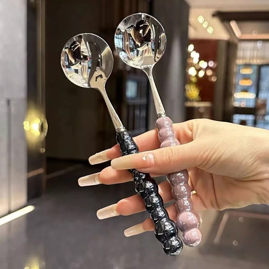SENDOK MAKAN AESTETIK PREMIUM GAGANG MUTIARA STAINLESS - Gambar 3