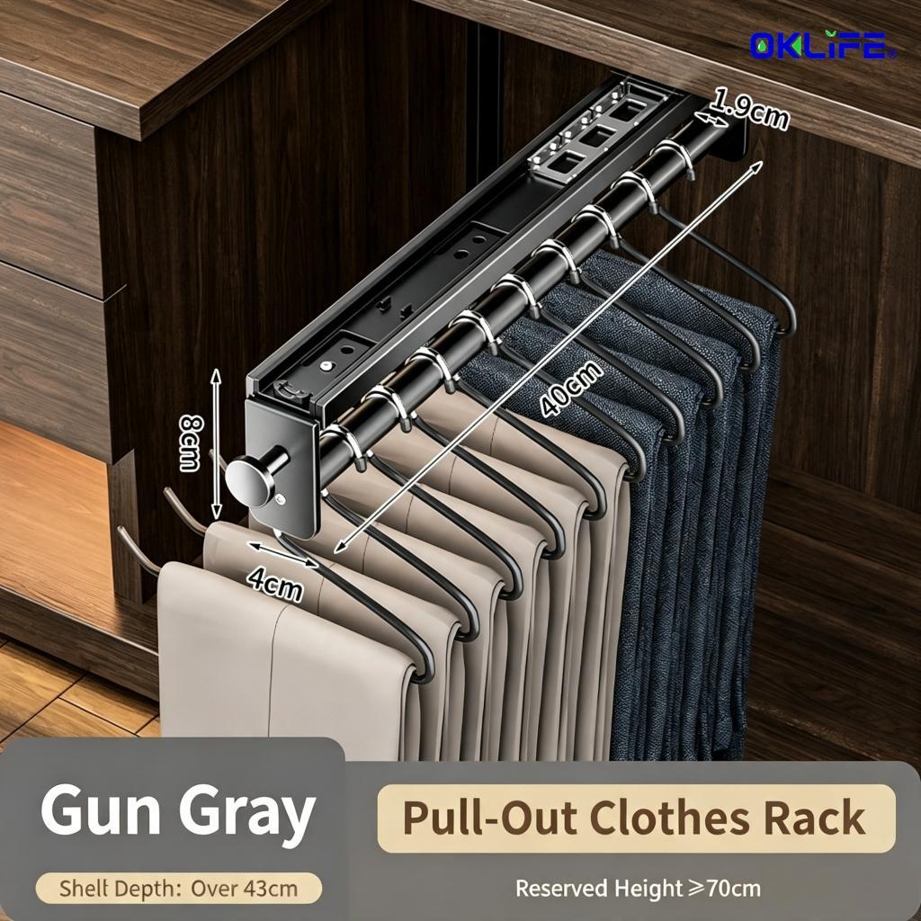 Closet Retractable Pull‑out Hanging Rod Cabinet Top Mount Clothes Hanger Wardrobe Storage Organizer view 10