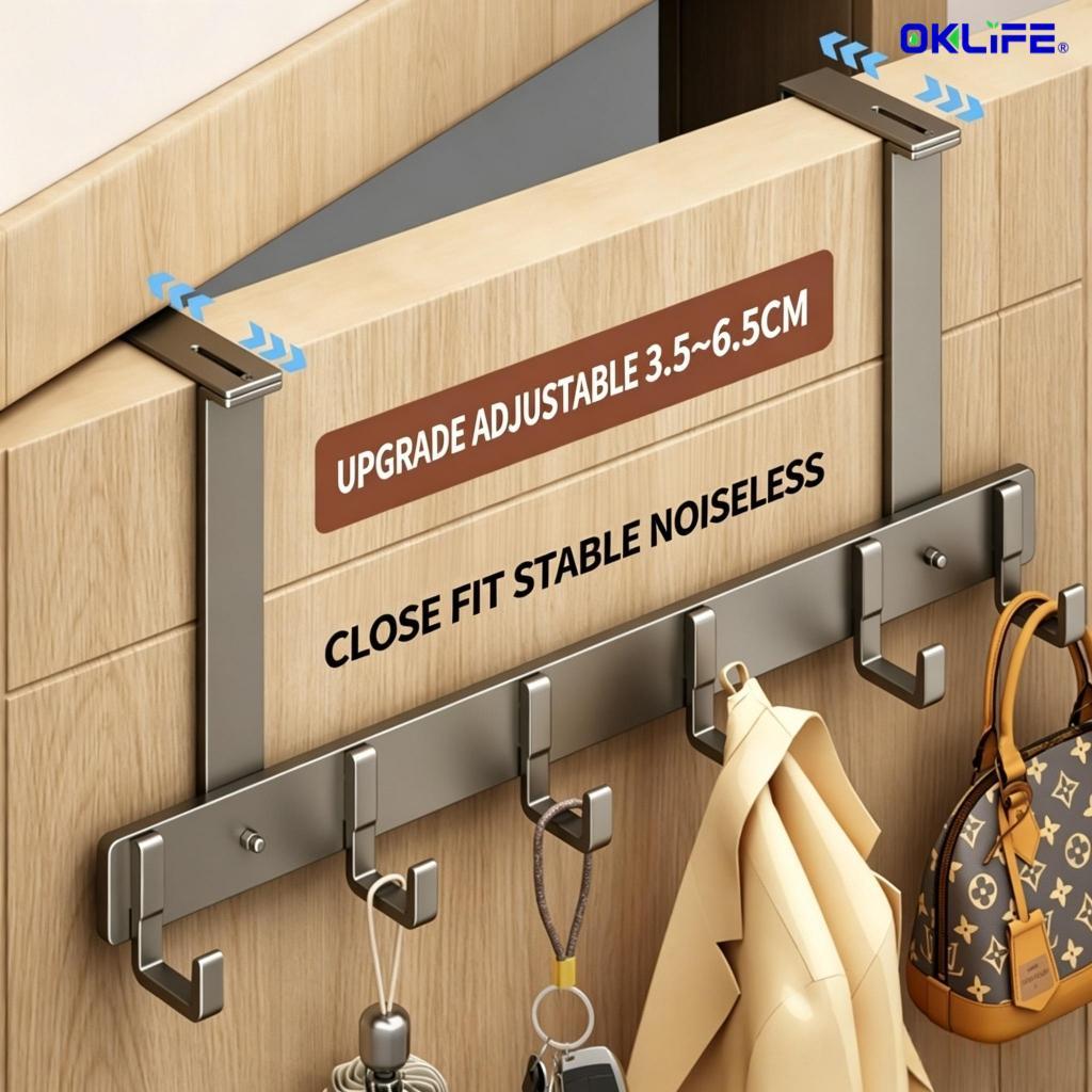 Over‑Door Hanging Hook Rack Adjustable No‑Punch Door Back Organizer Hanger for Coat Towel Bag Hat Storage view 9