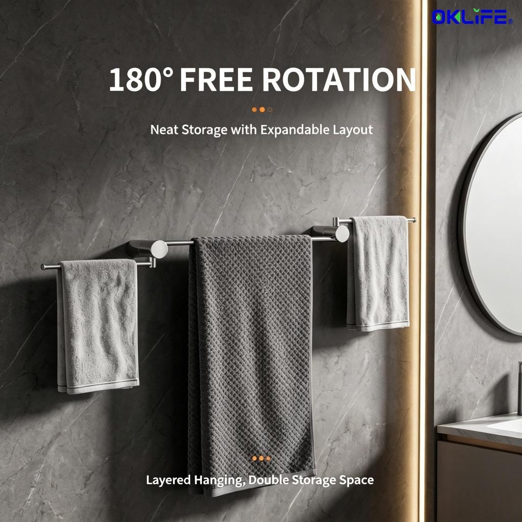Wall Mount Double Towel Bar 180° Rotatable Swivel Stainless Steel Towel Rack for Bathroom Organizer view 4