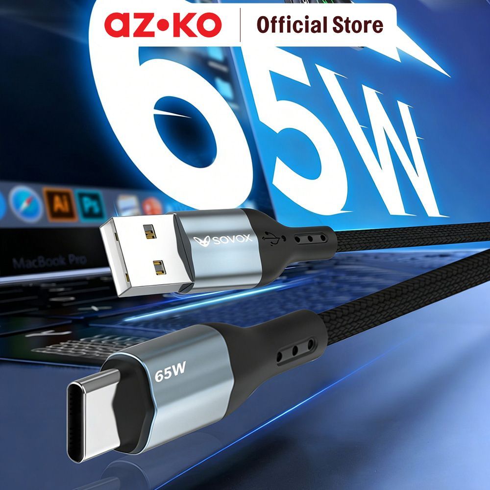 AZKO Sovox Kabel Charger 65 Watt - Hitam Fast Charging Kabel HP Braided Cable Aksesoris Gadget Pengisi Daya - Gambar 2
