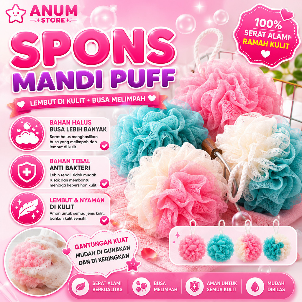 1PCS Spons Mandi Jaring Shower Puff Perlengkapan Rumah Spon Bath Pembersih Badan Warna Pastel Sponge A090