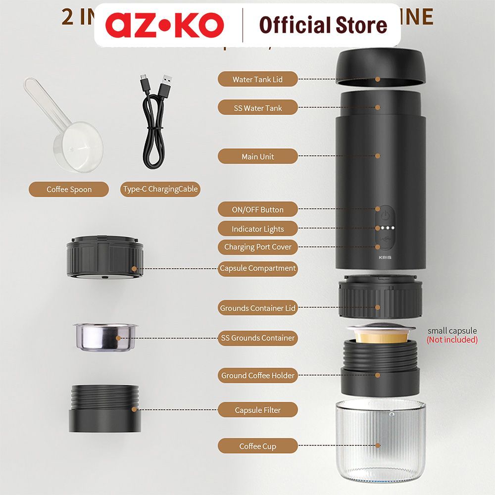AZKO Kris Coffee Maker Espresso Portable Rechargeable 90 ml - Hitam Mesin Kopi Pembuat Kopi Coffee Machine Alat Seduh Elektrik - Gambar 4