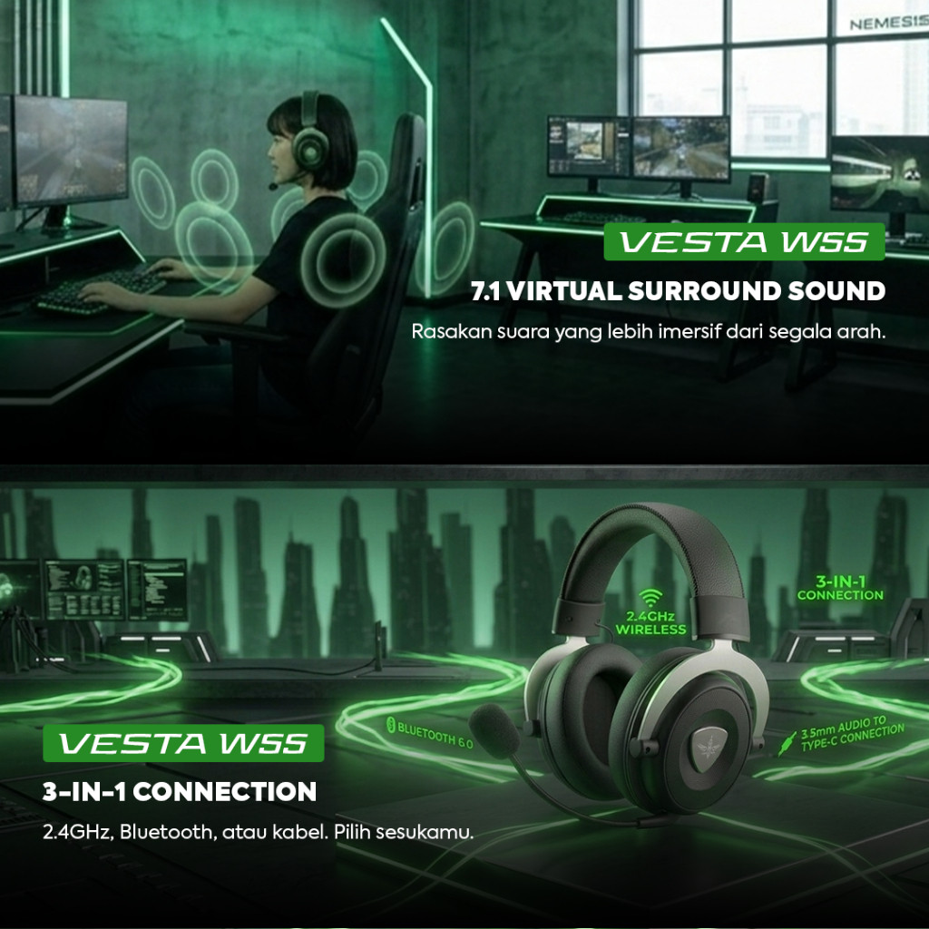 NYK NEMESIS VESTA W55 / W-55 Headset 3 Mode Connetion Immersive Sound Detachable Microphone for PC Laptop Console - Gambar 3