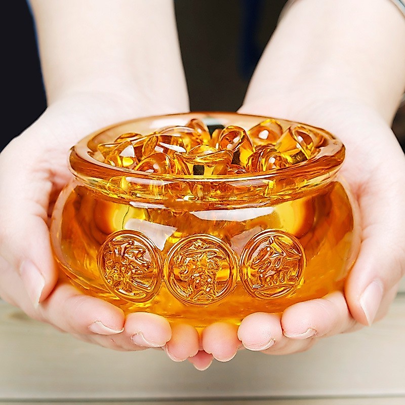 水晶聚宝盆聚财家居摆件黄水晶元宝金色玄关乔迁开业礼品| Shopee Singapore