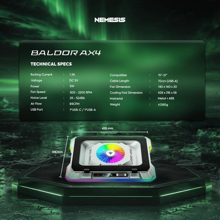 NEMESIS BALDOR AX4 / AX-4 Cooling Pad Gaming Laptop RGB Fan Cooler High Speed with Adjustable Height - Gambar 3