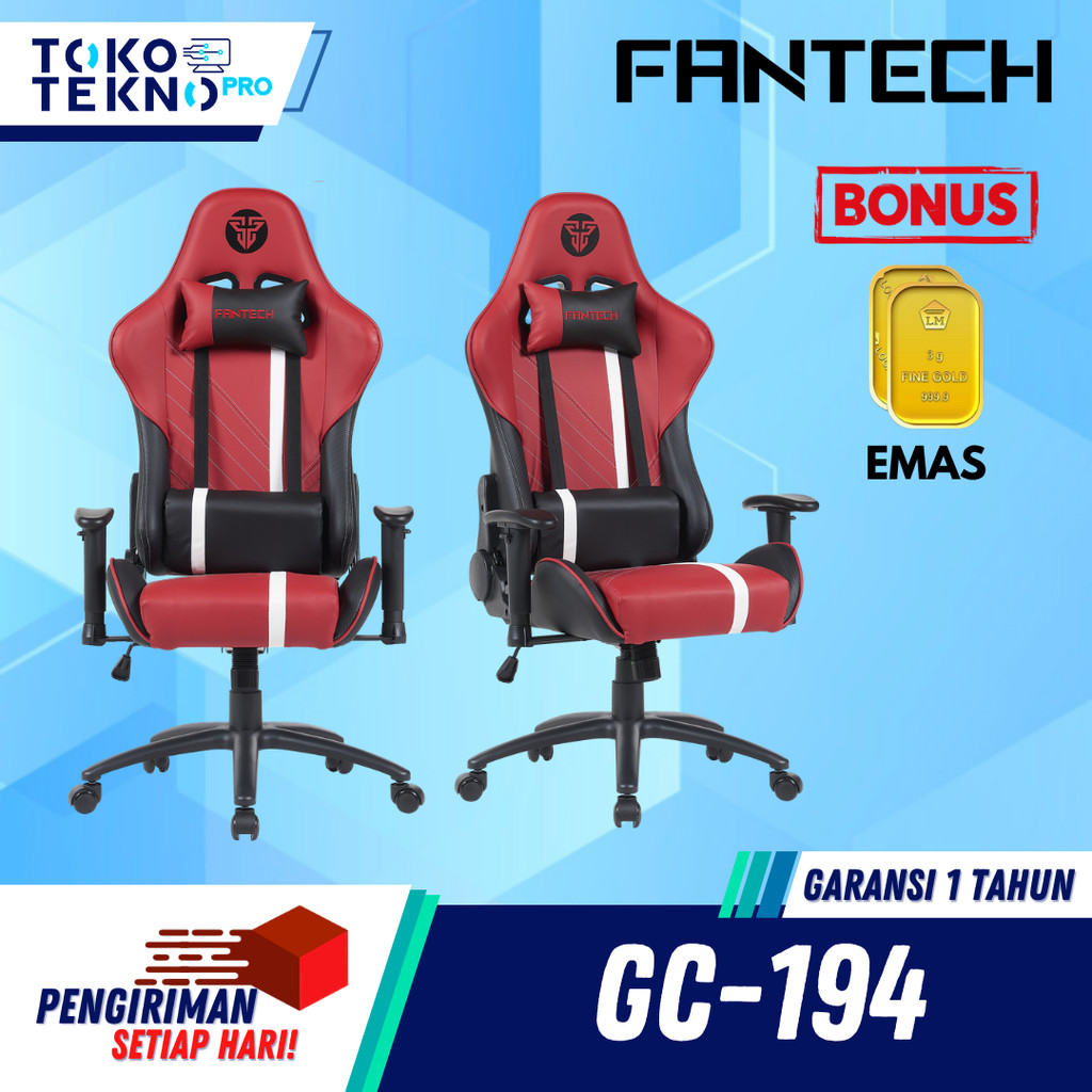 Fantech GC194 / GC-194 Kursi Gaming Ergonomis Recline 180 Derajat Steel Base 2D Armrest Free Head Pillow Lumbar Support