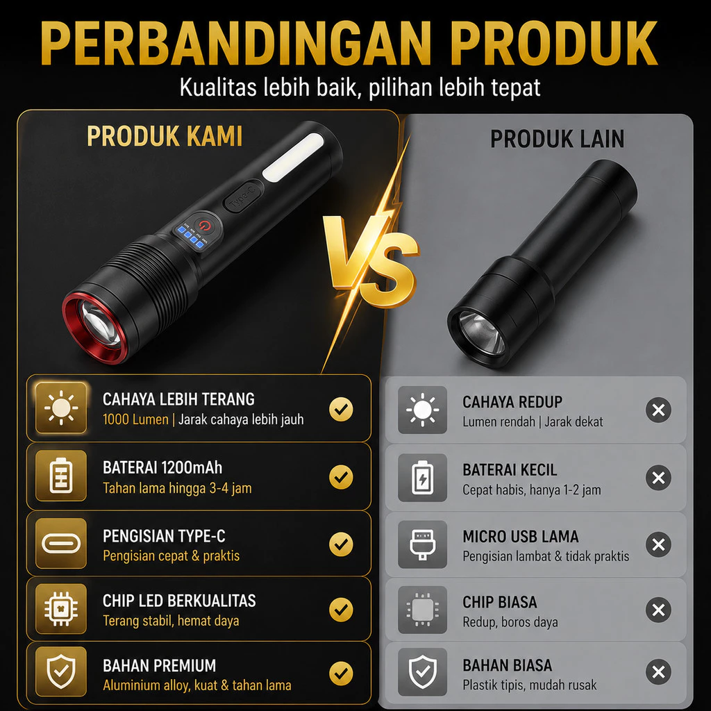 Flashlight Senter LED 80W Jarak Sorot Jauh Baterai Tahan Lama Multifungsi Portabel Tahan Air Outdoor - Gambar 4