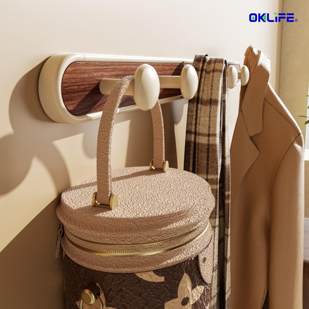 Home Wall Organizer Hook Rack Wood Grain No‑Punch Adhesive Wall Hanger for Entryway Daily Items view 8