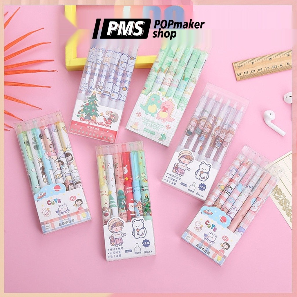 PoPmaker shop set pulpen mekanik isi 6 karakter lucu warna warni imut tinta gel halus untuk belajar anak remaja H643 COD