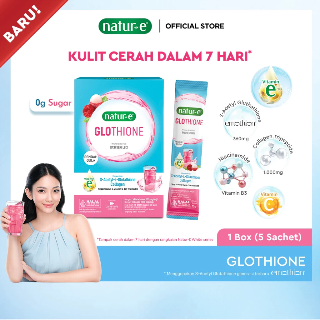 (NEW) Natur-E GLOTHIONE Glutathione Next-Gen Brightening Berry Collagen Drink 1 Box - Minuman Serbuk Collagen untuk kulit cerah dan bercahaya, Mengandung Glutathione, Vit. E, Vit. C, Vit. B3