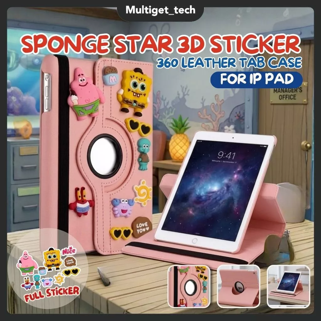 Case Leather 3D Spongebob iPad Gen 11th 11" Gen 10 10.9" Air 4/5/6 10.9" Pro 11 Inch Mini 1 2 3 4 5 6 7 360° Rotating Stand Shockproof Cute Cover