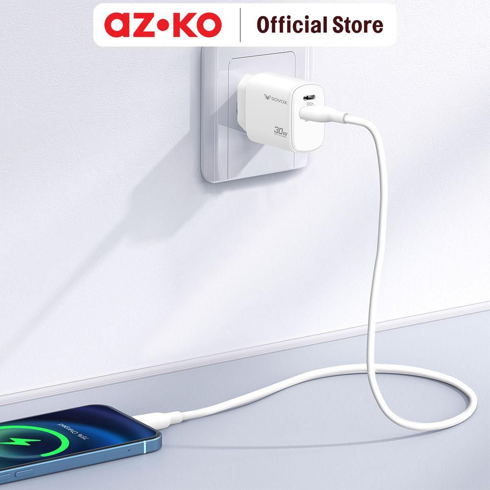 AZKO Sovox Kepala Charger 1 USB-A & 1 Type-C Dengan Kabel 1 Meter - Putih Adaptor Fast Charging Charger Set Kabel Travel Charger Pengisi Daya - Gambar 2