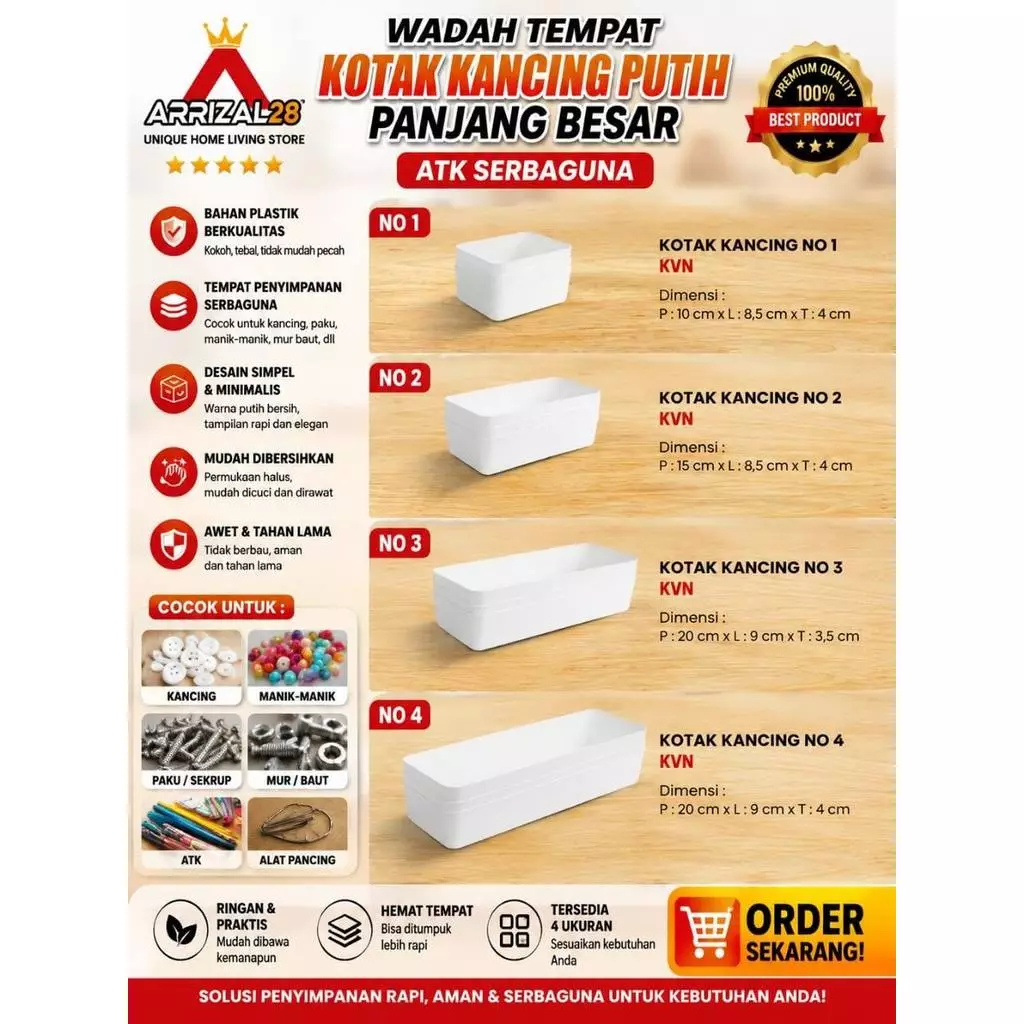 (NO 2 / 15CM) WADAH TEMPAT KOTAK KANCING PUTIH PANJANG BESAR ATK SERBAGUNA