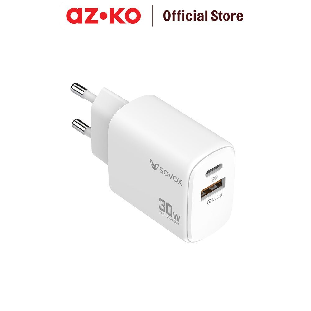 AZKO Sovox Kepala Charger 1 USB-A & 1 Type-C Dengan Kabel 1 Meter - Putih Adaptor Fast Charging Charger Set Kabel Travel Charger Pengisi Daya