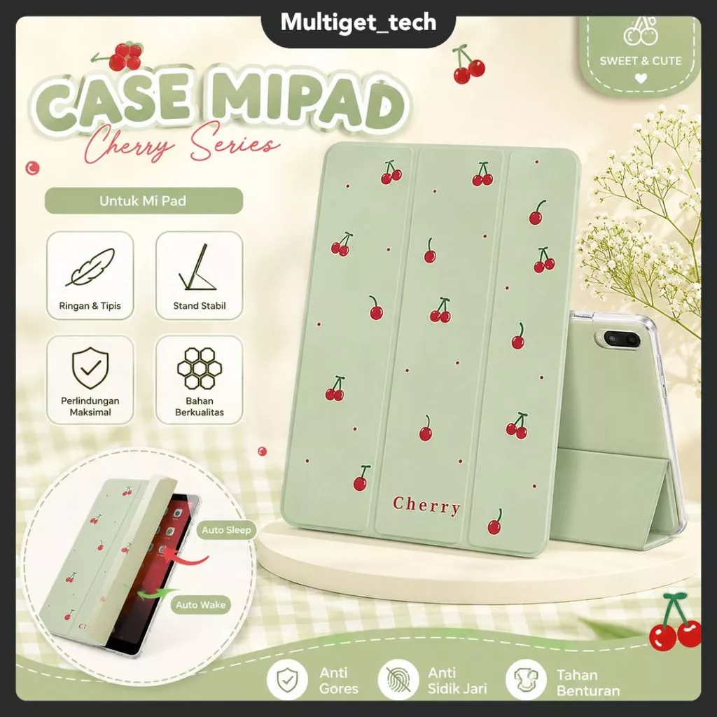 Case Cute Matte Redmi Pad 2 11" / Xiaomi Pad 7 6 5 / Redmi Pad SE 11" / SE 8.7" Baby Cherry Silicone Trifold Stand