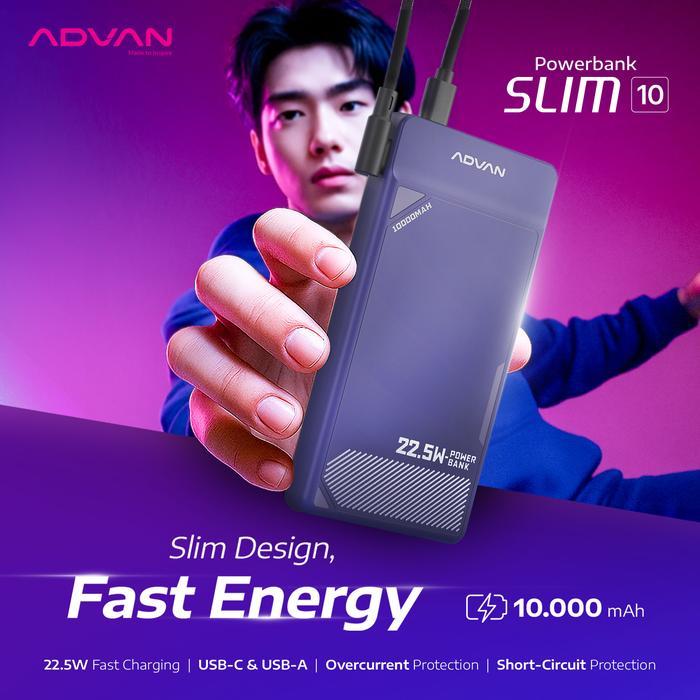 ADVAN SLIM 10 / SLIM-10 Powerbank 10000 mAh Fast Charging 22.5W Type-C and Type-A Power Delivery 3.0 Over-Current Protection Short-Circuit Protection Slim Compact Design - Gambar 2