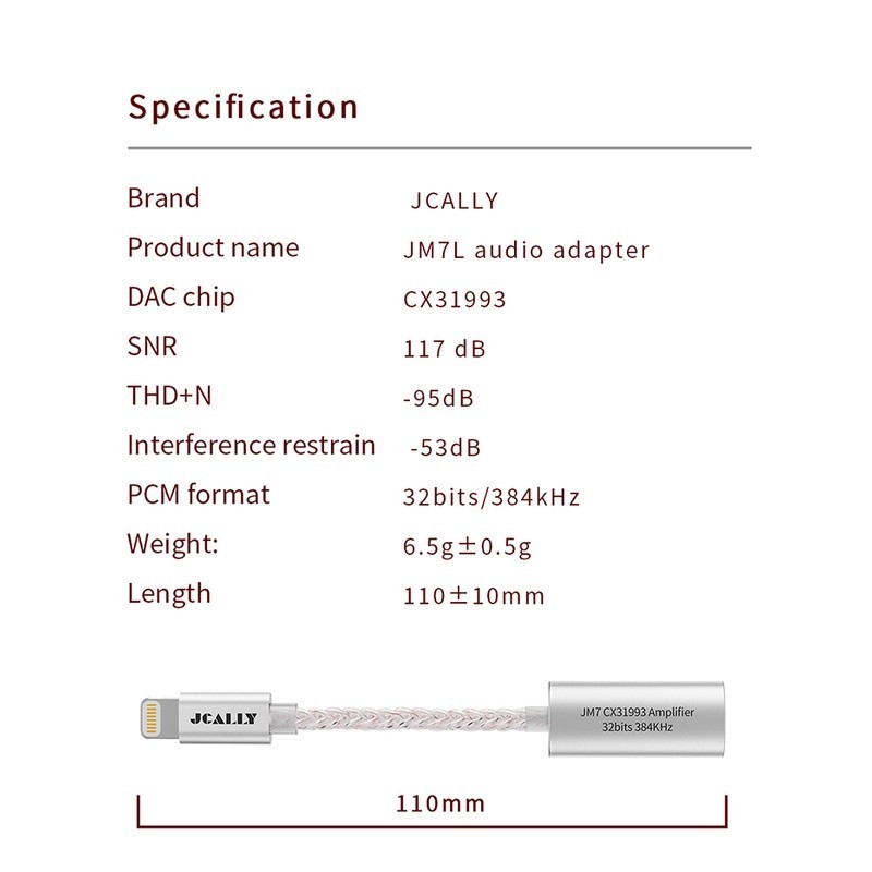 JCALLY JM7L / JM-7L / JM 7L HiRes Dongle DAC Audio Digital Adapter Lightning to Jack 3.5mm - Gambar 2