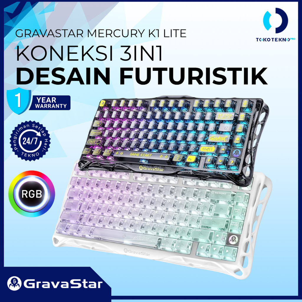 GravaStar Mercury K1 / K-1 Lite Wireless Mechanical Gaming Keyboard Transparent Black Keycaps