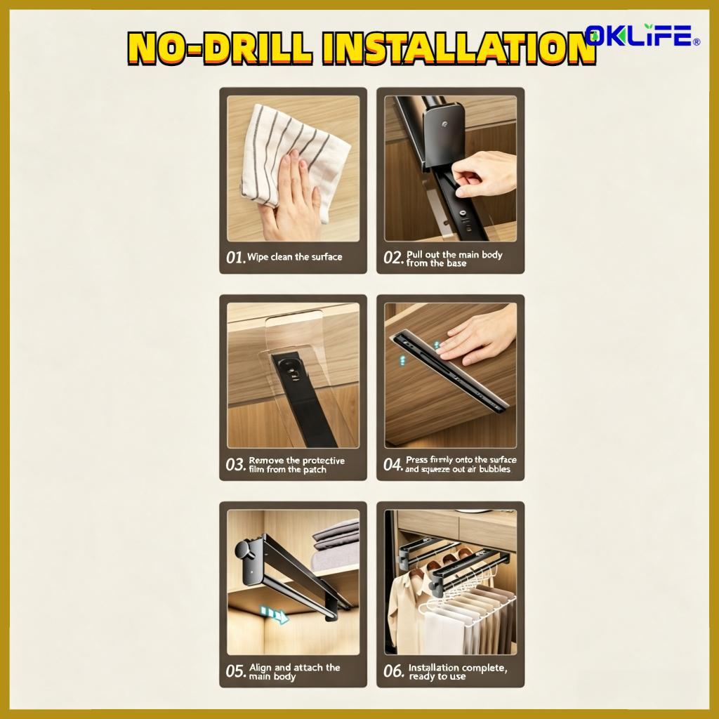 Closet Retractable Pull‑out Hanging Rod Cabinet Top Mount Clothes Hanger Wardrobe Storage Organizer alternate view