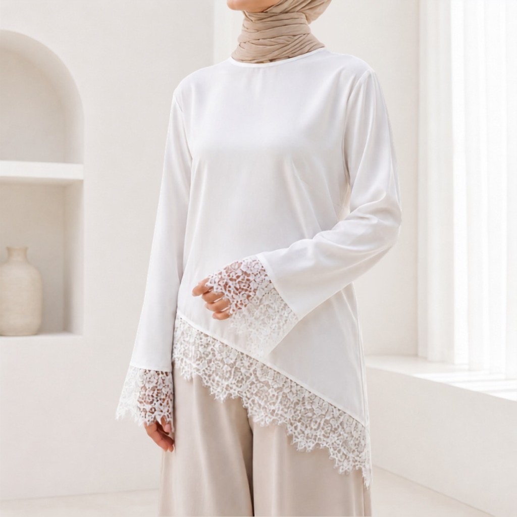 Vallina Outfit Selena Blouse Silk Lace Top Polka Asimetris Long Sleeve Satin Lengan Panjang Wanita Korean Style - Gambar 3