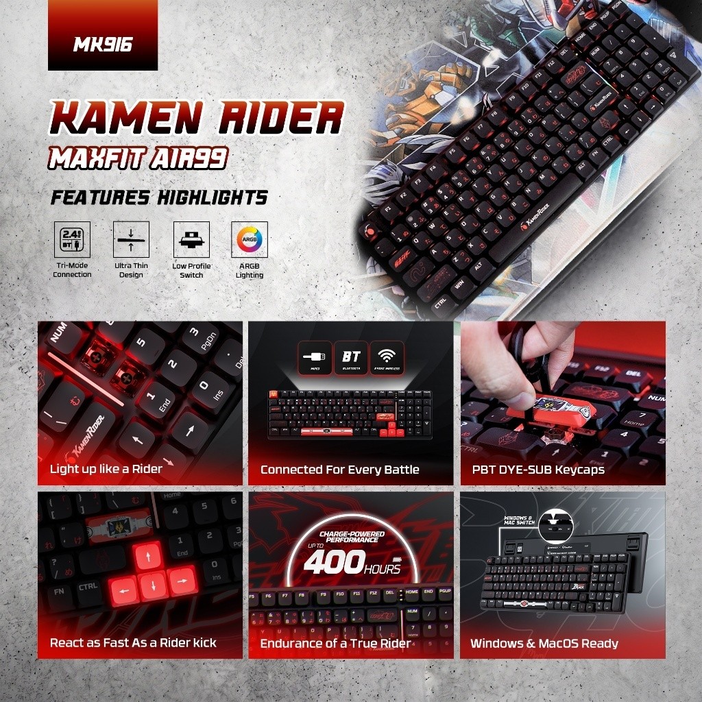 Fantech x Kamen Rider Maxfit Air99 MK916 / MK-916 Wireless Mechanical Keyboard Low Profile Tri-Mode BT 2.4G RGB PC Mac Special Keycaps - Gambar 2