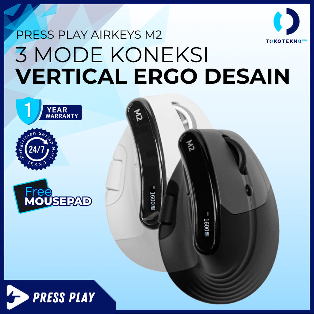 Press Play Airkeys Vertical Ergonomic Mouse 3in1 Connection with LED Display M2