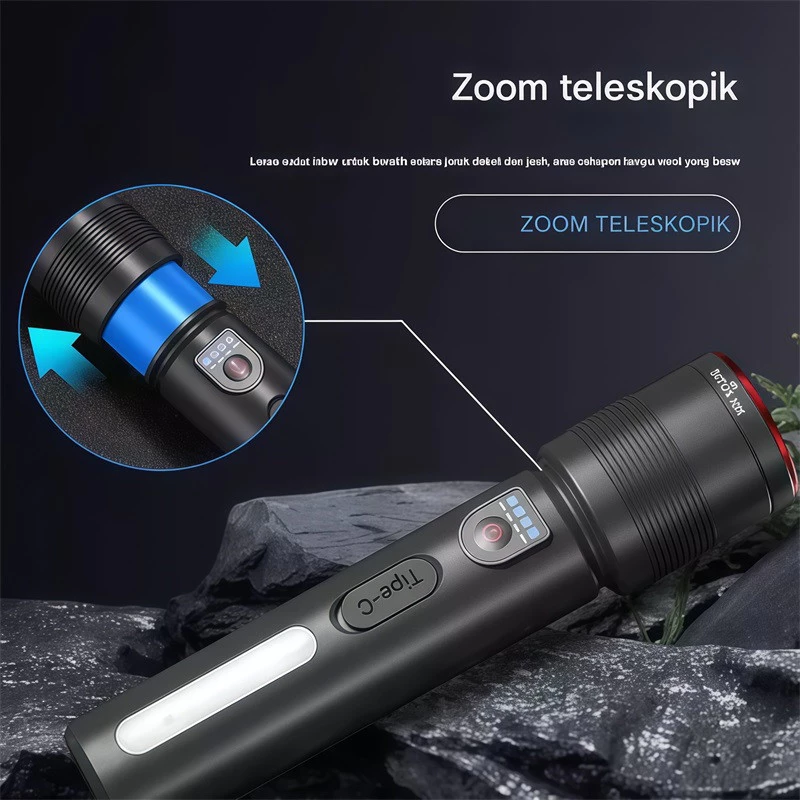 Flashlight Senter LED 80W Cahaya Super Terang Jarak Sorot Jauh Isi Ulang dengan Mode Cahaya Ganda - Gambar 2