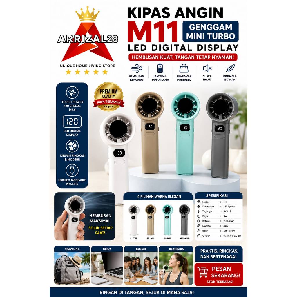 (BUBBLEWRAP) KIPAS ANGIN M11 GENGGAM MINI TURBO LED