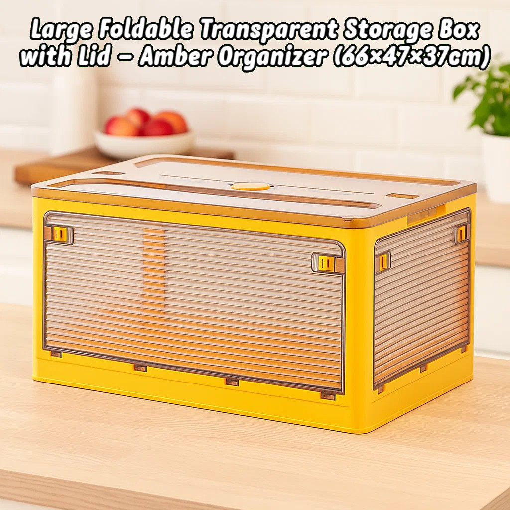 Large Foldable Transparent Storage Box with Lid – Amber Organizer (66× ...
