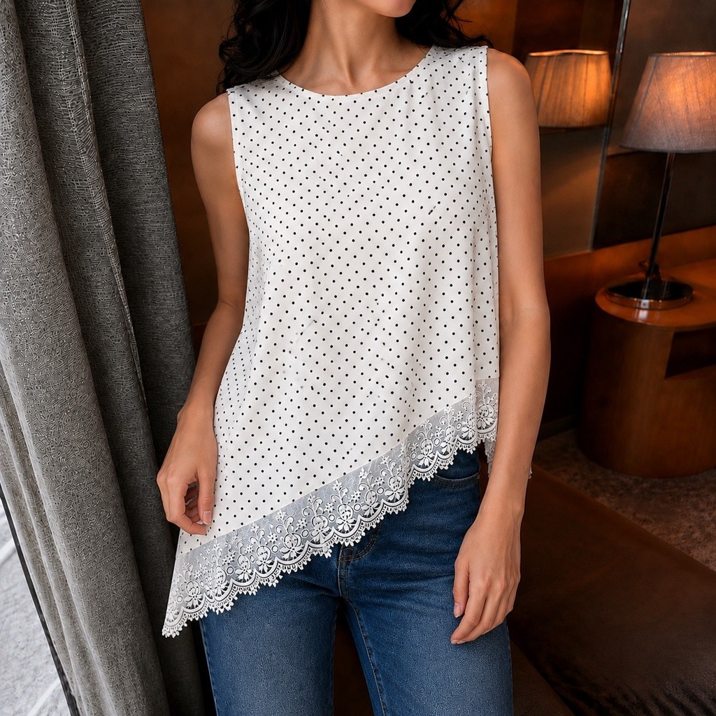 Vallina Outfit Reyna Satin Inner Top Polka Asimetris Blouse Wanita Korean Style Atasan Satin Casual Aesthetic