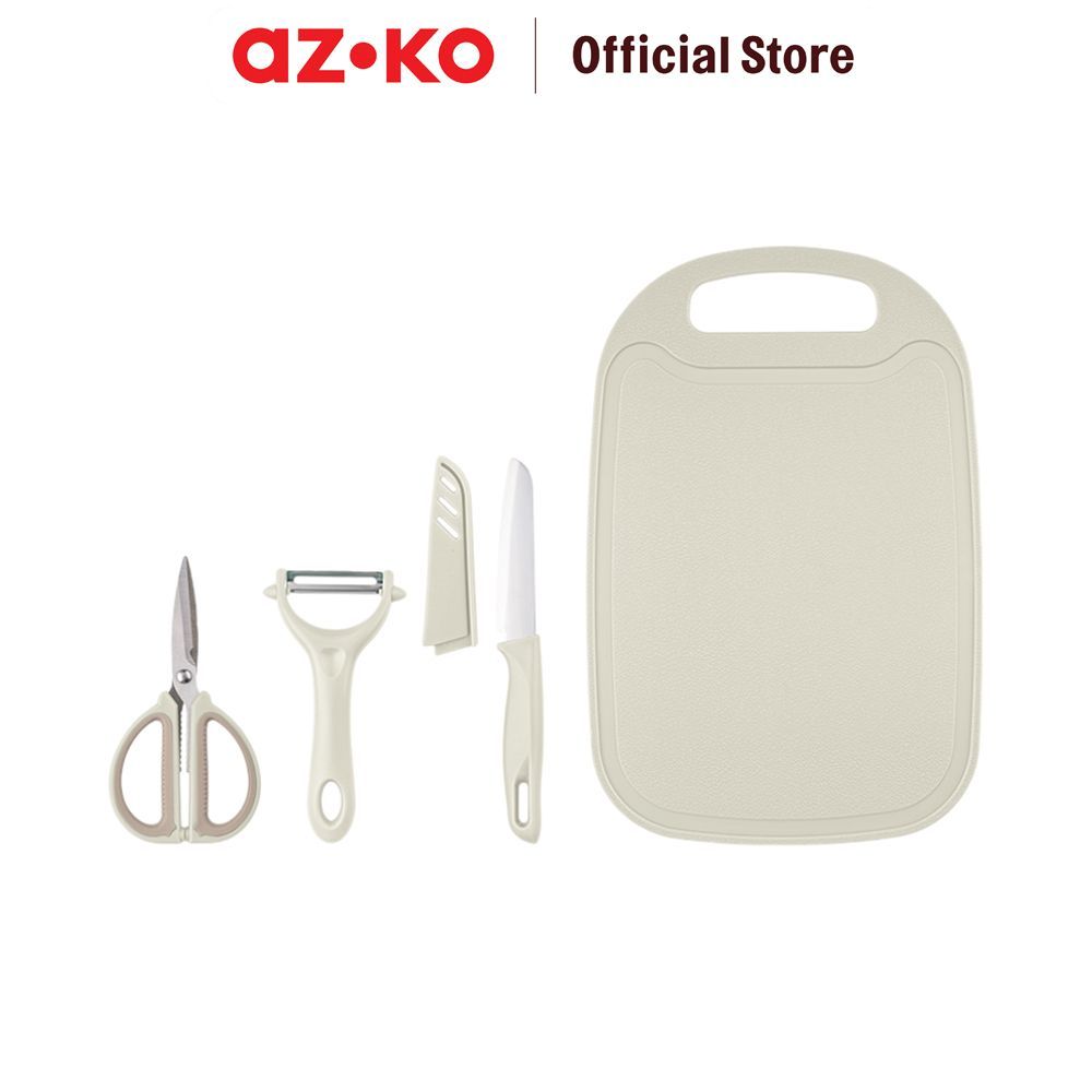 AZKO Culinart Pisau Dapur Dengan Talenan Set 4 pcs - Putih Chef Cutter Utility Slicer Kitchen Slicer Alat Iris