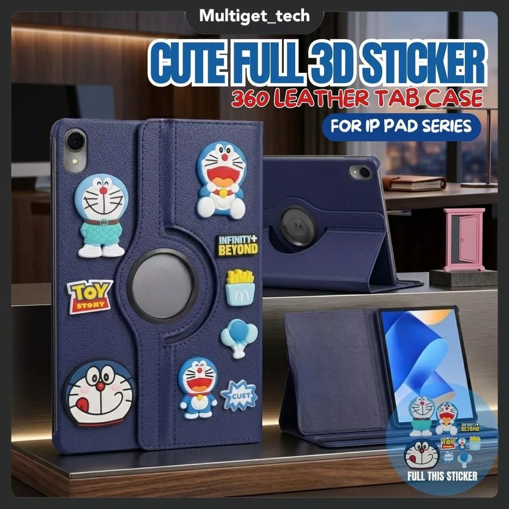 Cute Doraemon 3D Sticker Case iPad Gen 11th Gen 10 10.9" Air 4/5/6 10.9" Pro 11 Inch Mini 1 2 3 4 5 6 7 360 Rotating Leather Cover Stand