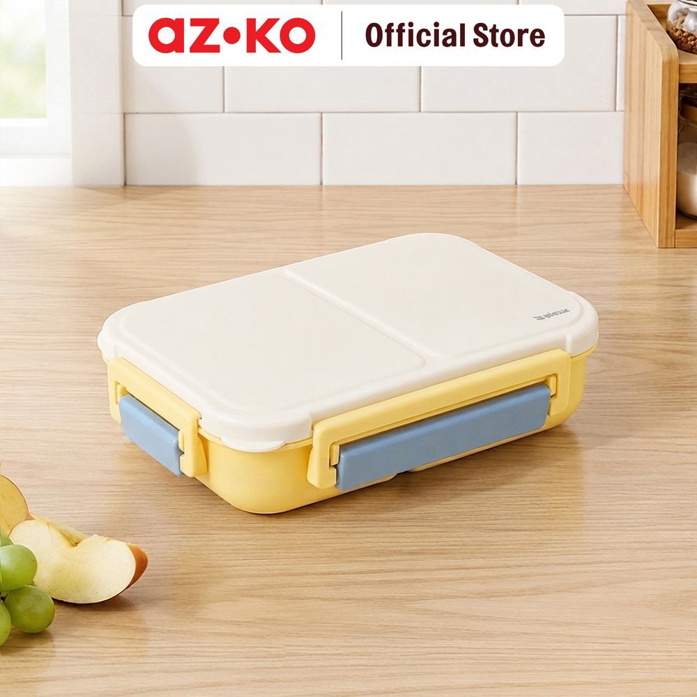 AZKO Picas Kotak Makan Plastik 2 Sekat Dengan Sendok 1.1 Liter Bento Box Meal Container Tempat Bekal Lunch Box Kotak Bekal