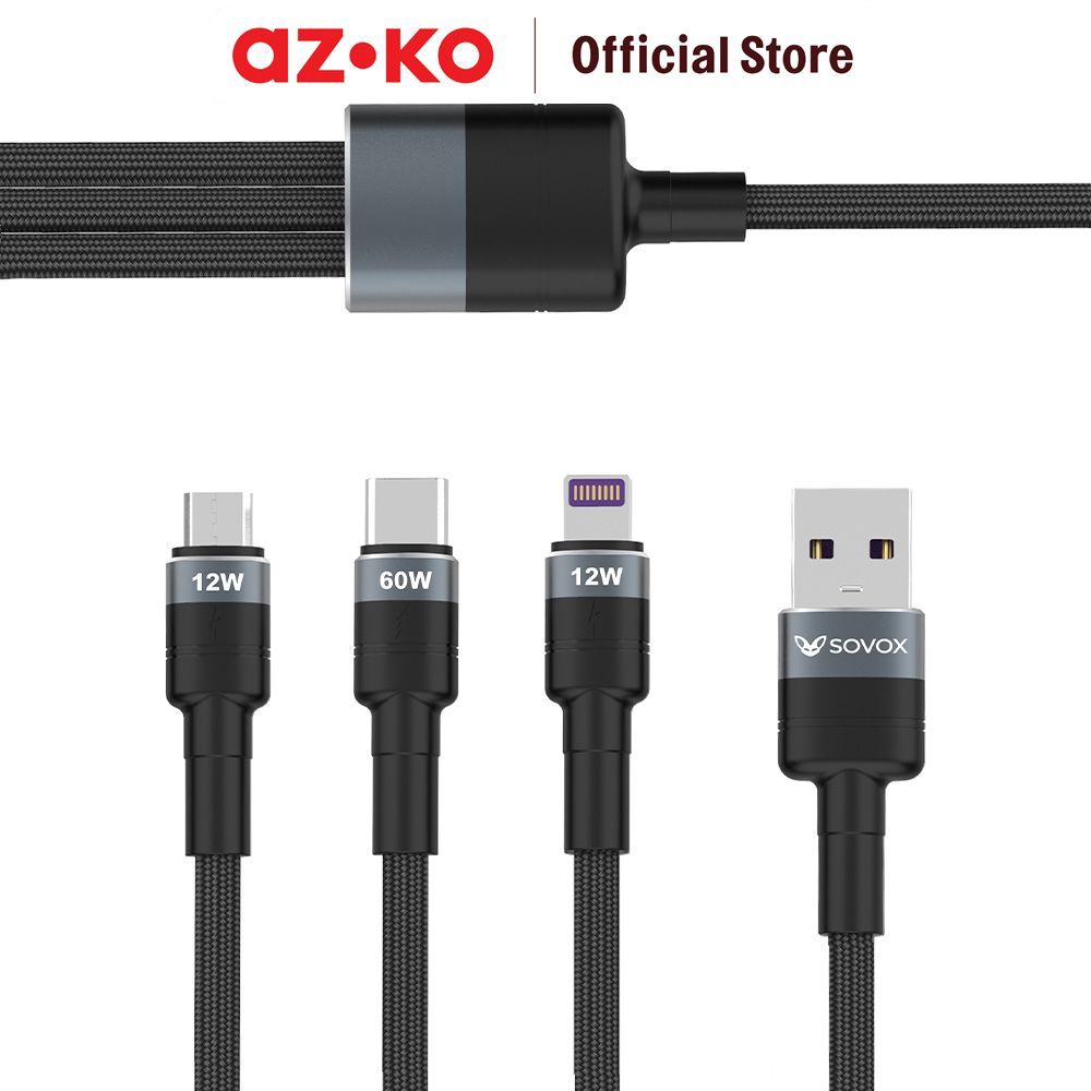AZKO Sovox Kabel Charger 3in1 60 Watt 1.2 Meter - Hitam Charging Cable Kabel Casan USB Charger Data Cable
