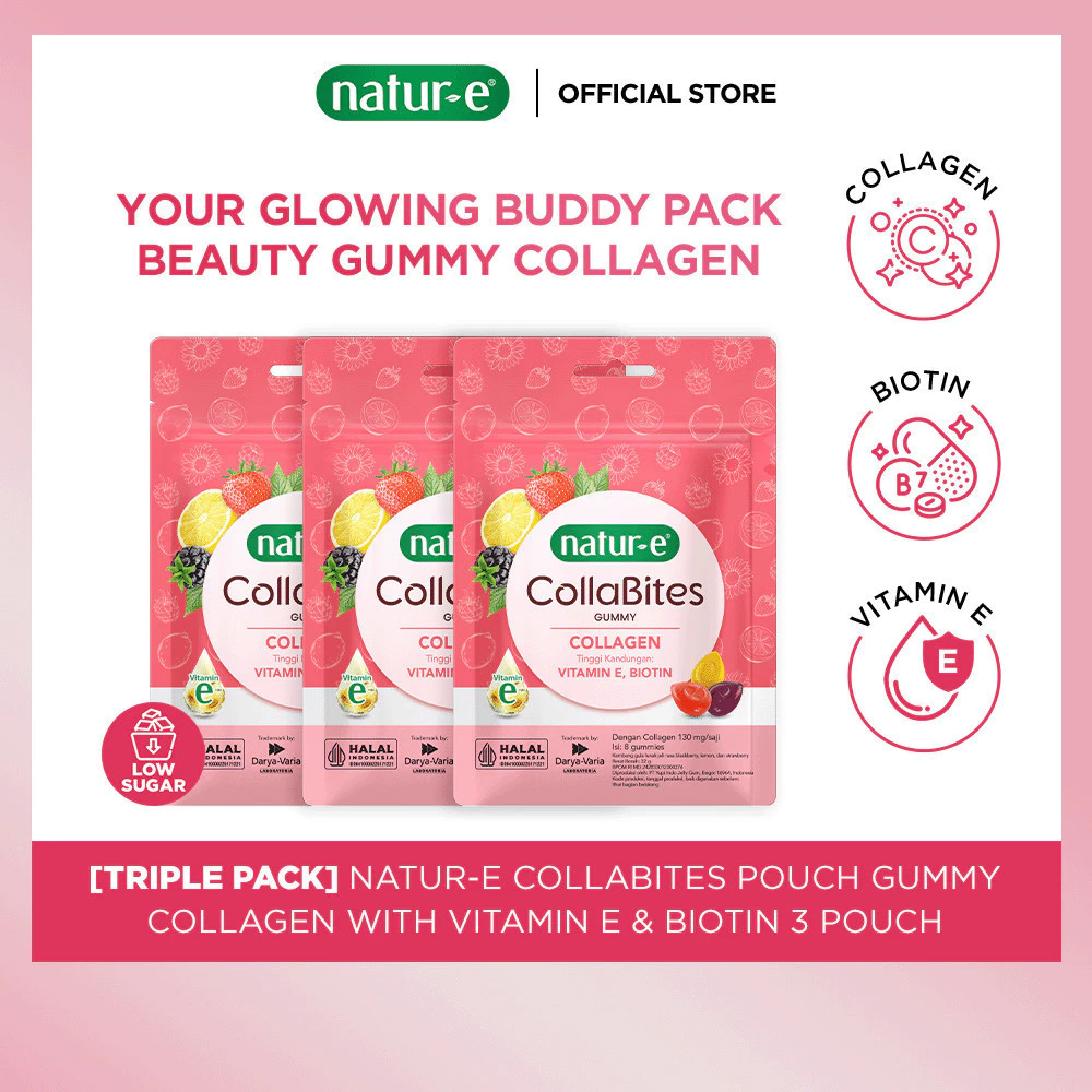 Natur-E Triplepack CollaBites Pouch Gummy 3 Pouch - Collagen Gummy dengan kandungan Vitamin E & Biotin - Membantu Menjaga Kesehatan Kulit dari Dalam