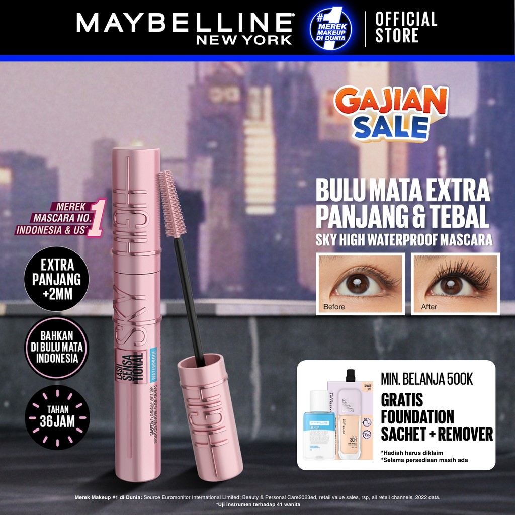 Maybelline Sky High Waterproof Mascara 6ml Maskara Eye Make Up Eyeliner Waterproof Black Bulu Mata Panjang Tebal Tahan 24 Jam Hypercurl Superstay Matte Vinyl Ink