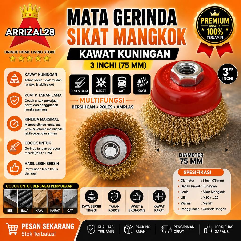 MATA GERINDA SIKAT MANGKOK KAWAT KUNINGAN 3 INCHI