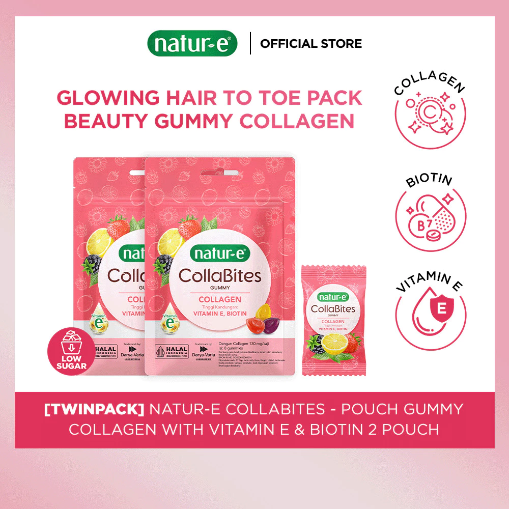 Natur-E Twinpack CollaBites Pouch Gummy Collagen 2 Pouch - Gummy dengan Collagen, Vitamin E & Biotin - Membantu Menjaga Kesehatan Kulit dari Dalam