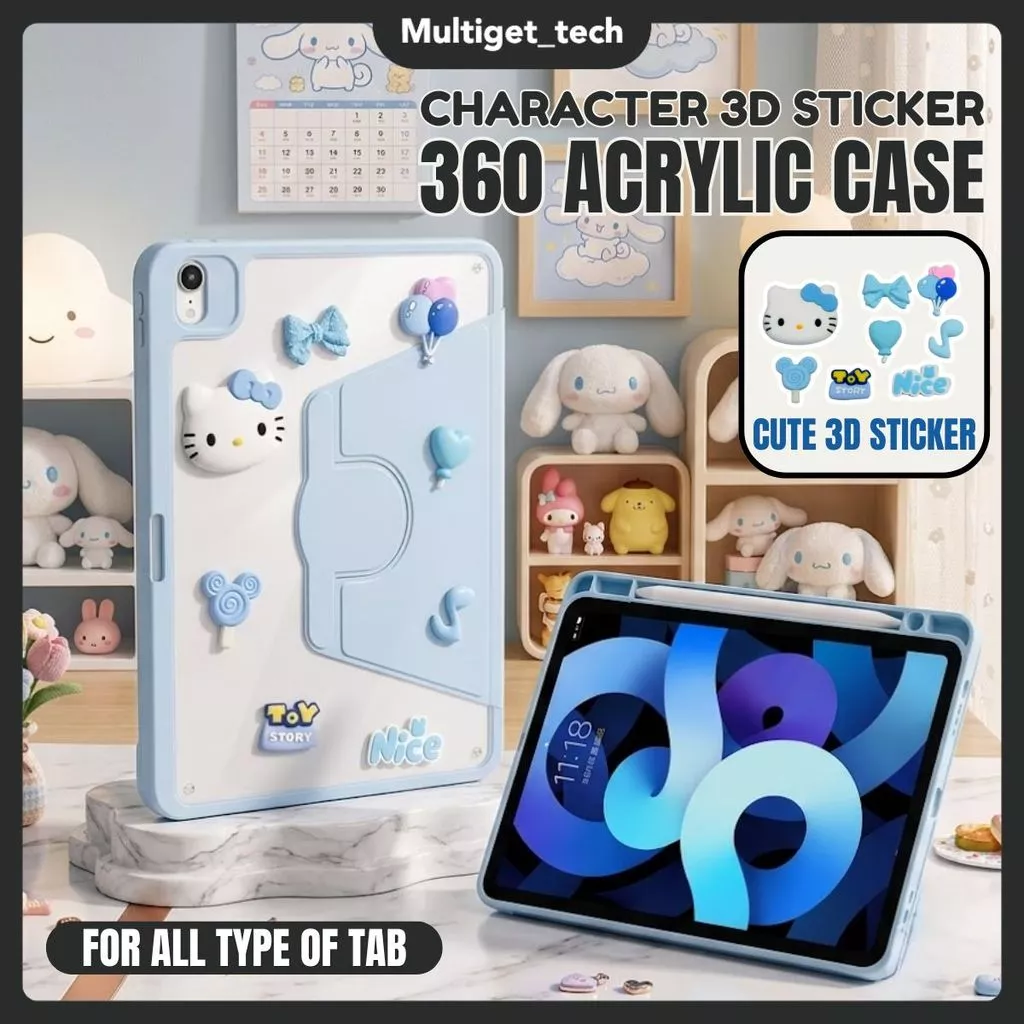 Case Kitty Blue 360° Cute 3D Character All Type iPad Samsung Xiaomi Redmi Multifungsi Stand Anti Bentur Magnetic Slot Pen