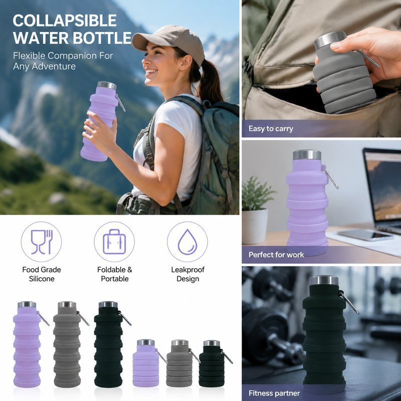 Baunis Botol Minum Lipat Origami Silicone Foldable Bottle Portable Travel Outdoor Camping Hiking 500ml - Gambar 3