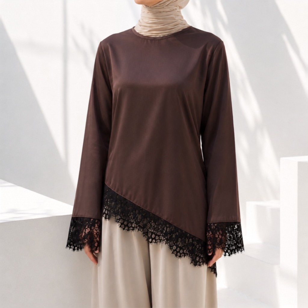 Femes Selena Blouse Silk Lace Top Polka Asimetris Long Sleeve Satin Lengan Panjang Wanita Aesthetic Korea - Gambar 4
