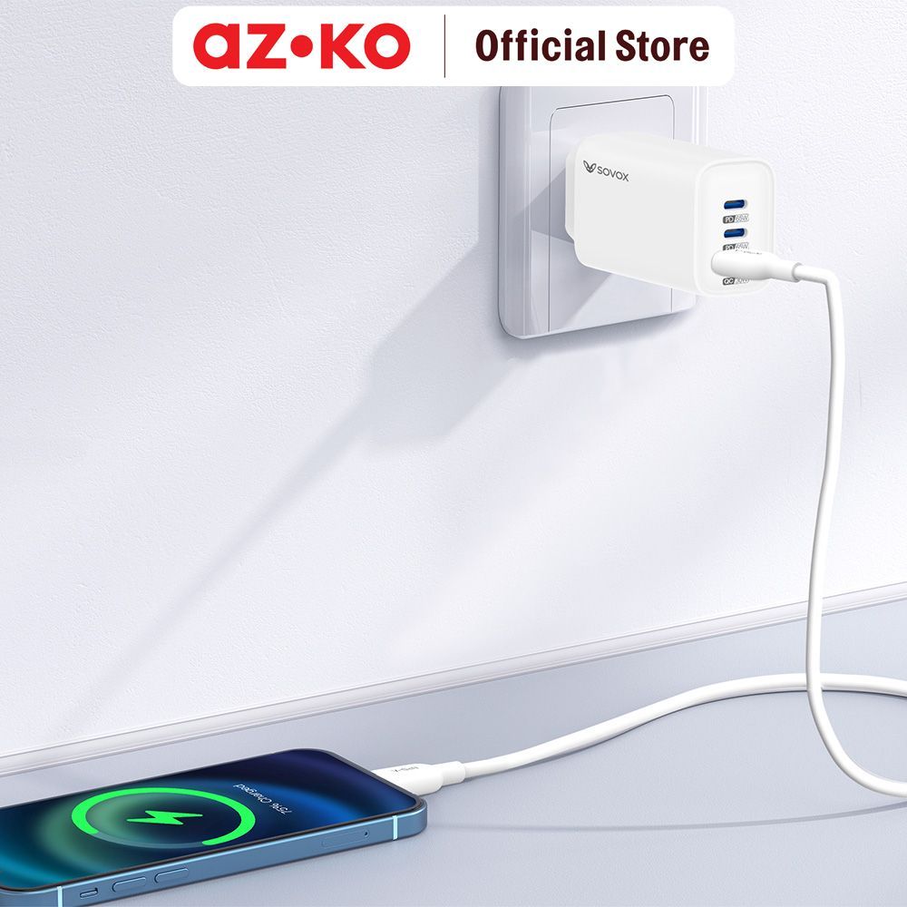 AZKO Sovox Kepala Charger 65 Watt 1 USB Type-A & 2 Type-C Dengan Kabel 1 Meter - Putih Adaptor Fast Charging Charger Set Kabel Travel Charger Pengisi Daya - Gambar 2
