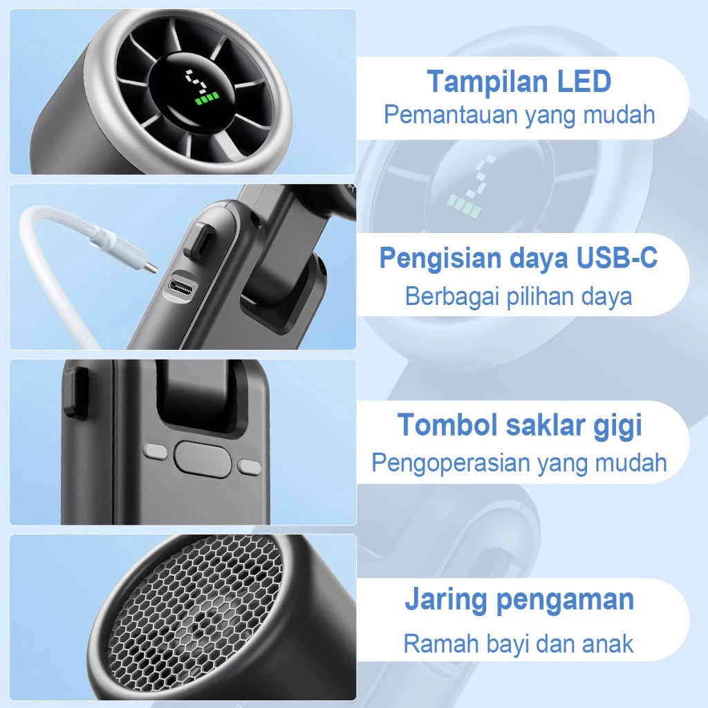 Kipas Angin Tampilan Digital LED 5 Speeds Adjustable Pendinginan Cepat Strong Foldable Neck Hanging - Gambar 4