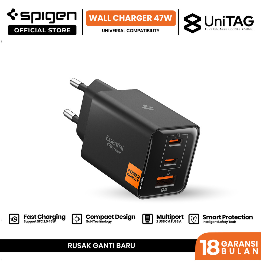 SPIGEN Adaptor GAN 47W Multi Port USB A Type C Super Fast Charging 2.0 Wall Charger Universal Compatibility for iPhone Samsung Macbook Laptop