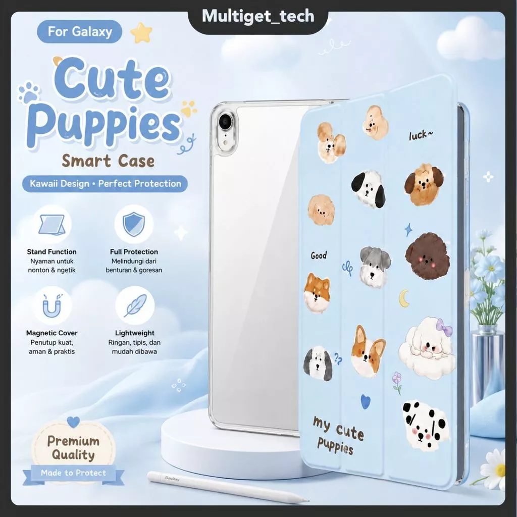 Clear Case Samsung Tab A11+ 11" / A9/A11 A7 LITE 8.7" / S7 S8 S9/S9FE 10.9" /A7 10.4" Casing Motif Sweet Dog Magnetic Auto Lock Anti Fingerprint