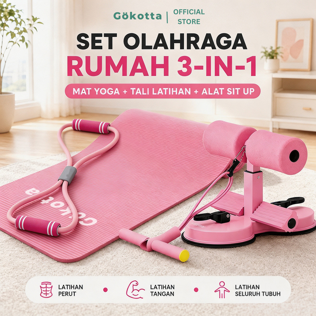 GOKOTTA Bundling Workout Home Gym Matras Fitness + Resistance Band + Sit Up Assistant /Bundling Yoga & Fitness Matras Yoga + Yoga Strap + Sit Up Bar Portable / Cocok untuk Pemula