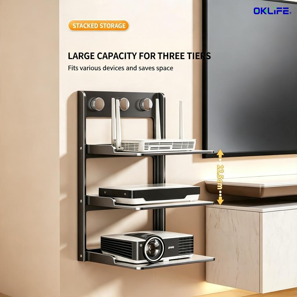 Wall Mount Adhesive Router Projector Shelf Double Layer TV Box Modem Storage Rack Space‑Saving Home Organizer view 4
