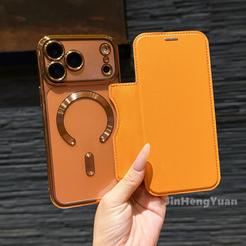 Orange High Quality Flip Magnetic Electroplated Leather Case for IPhone ...