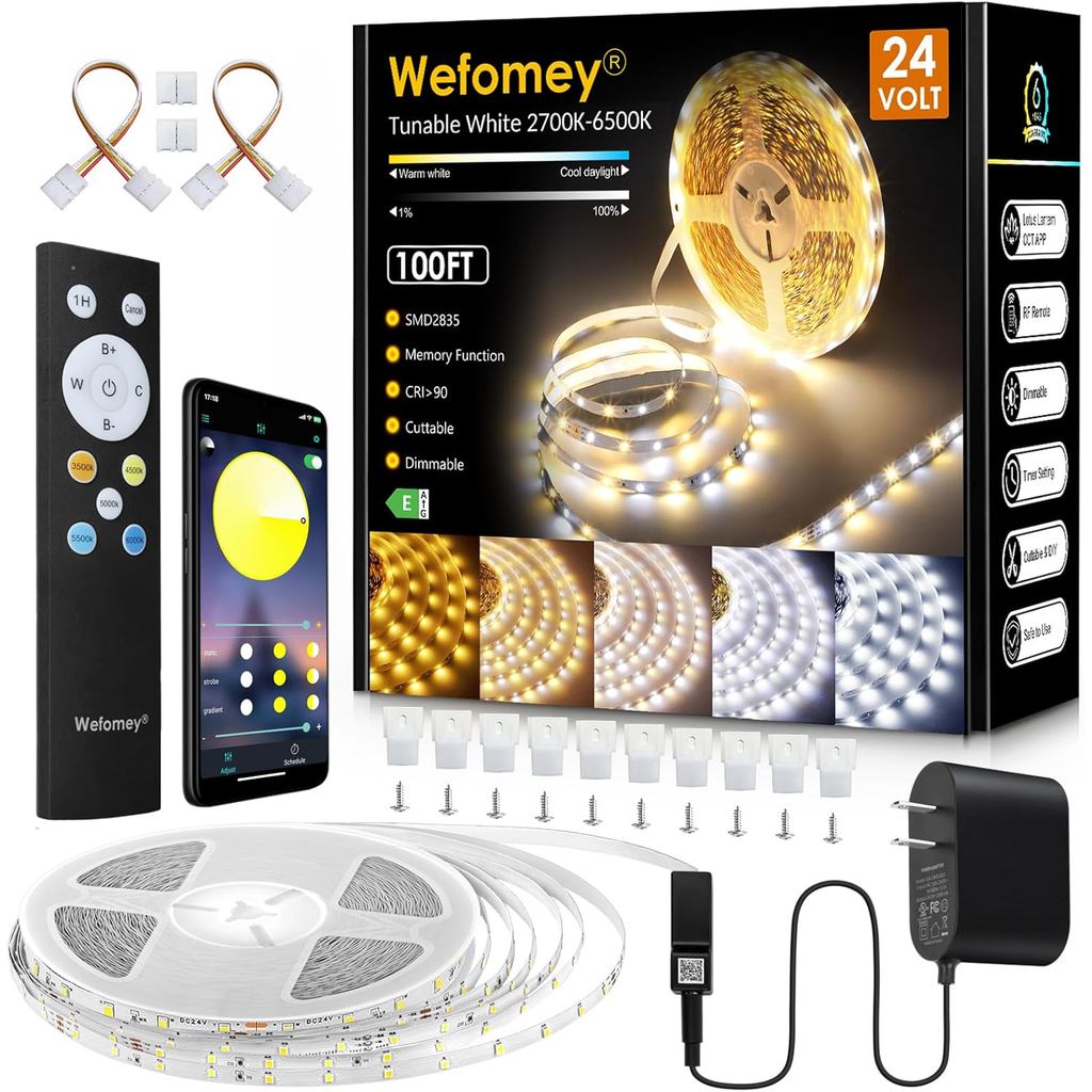 White LED Strip Lights, 100ft Dimmable Bright 24V Led Tape Light with ...